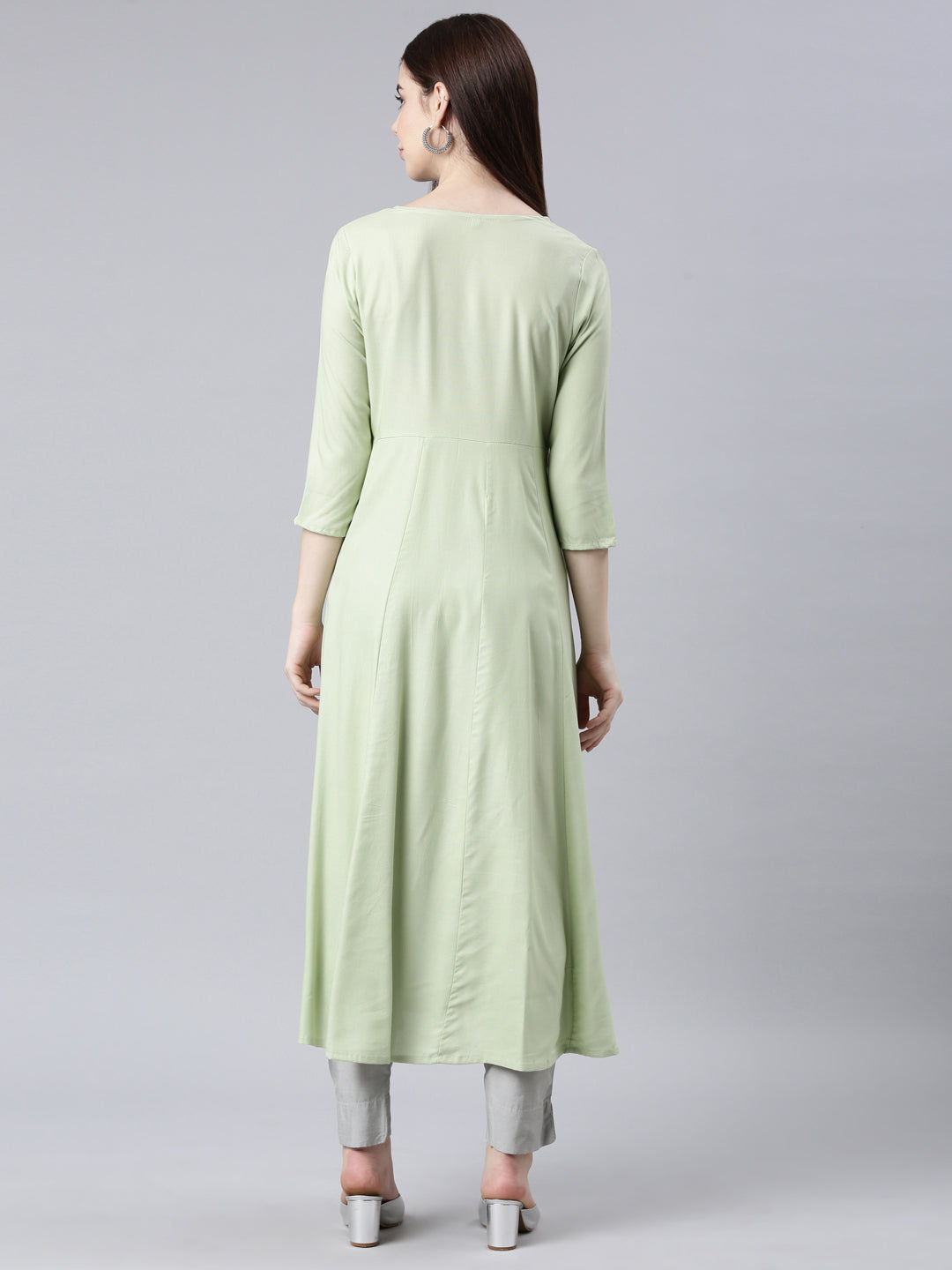 Neerus Green cotton solid anarkali kurti - detail view 1