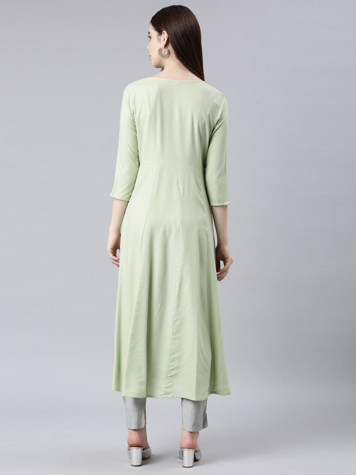 Neerus Green cotton solid anarkali kurti - detail view 1