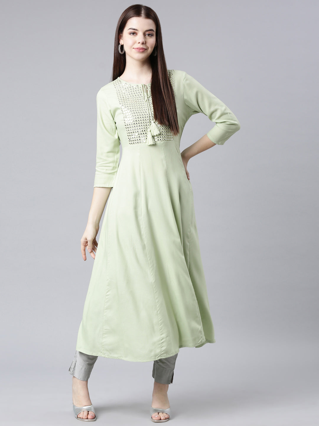 Neerus Green cotton solid anarkali kurti - detail view 4