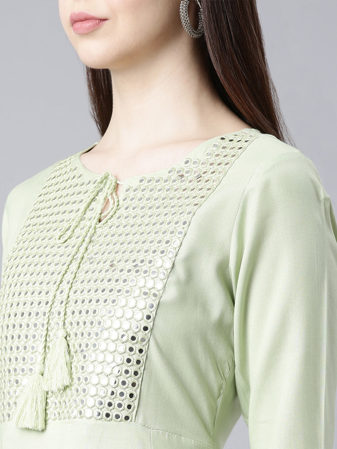 Neerus Green cotton solid anarkali kurti - detail view 2