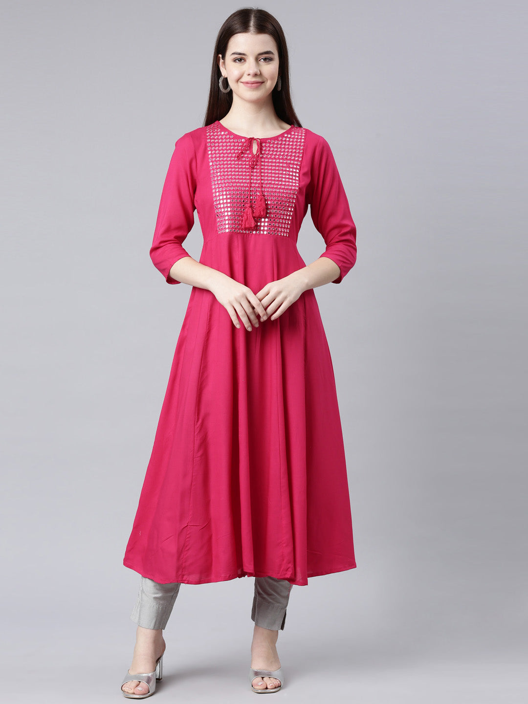 Neerus Red solid anarkali kurti - front view