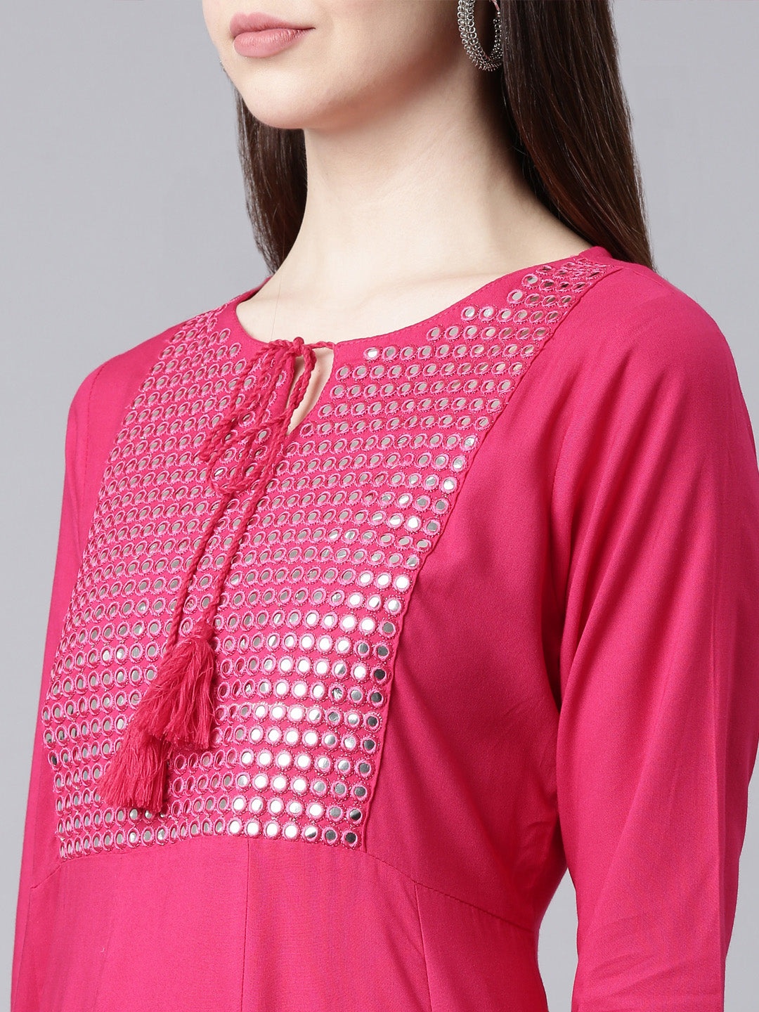 Neerus Red solid anarkali kurti - detail view 2