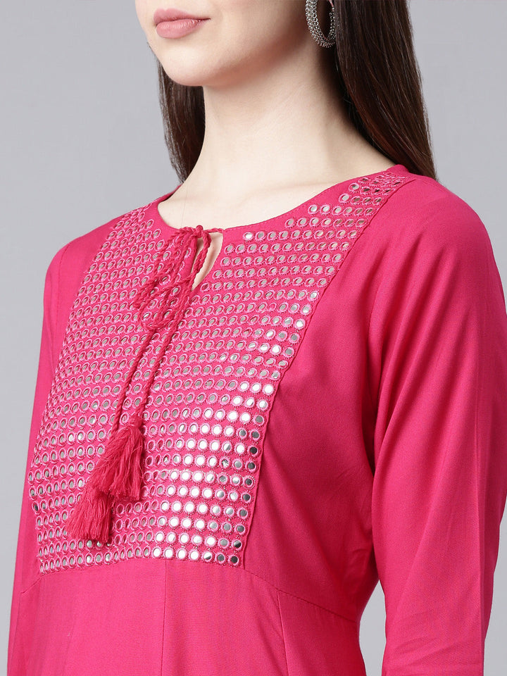 Neerus Red solid anarkali kurti - detail view 2