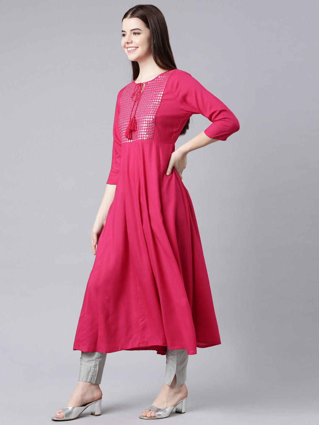 Neerus Red solid anarkali kurti - back view
