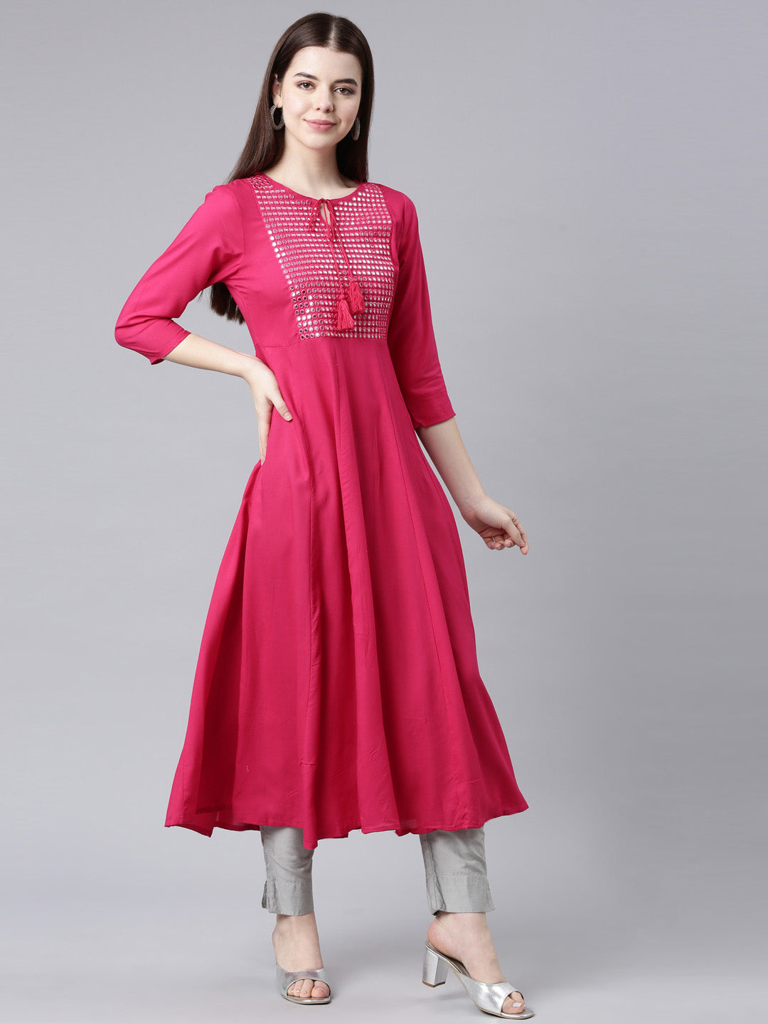 Neerus Red solid anarkali kurti - side view