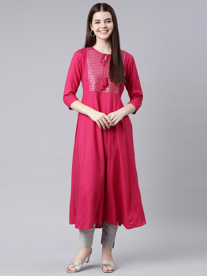 Neerus Red solid anarkali kurti - detail view 3