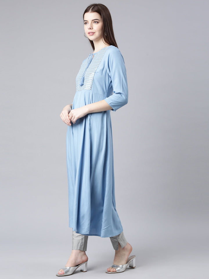 Neerus Blue anarkali kurta solid casual kurti - back view