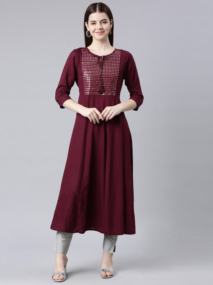 Neerus Purple cotton solid Anarkali kurta - front view