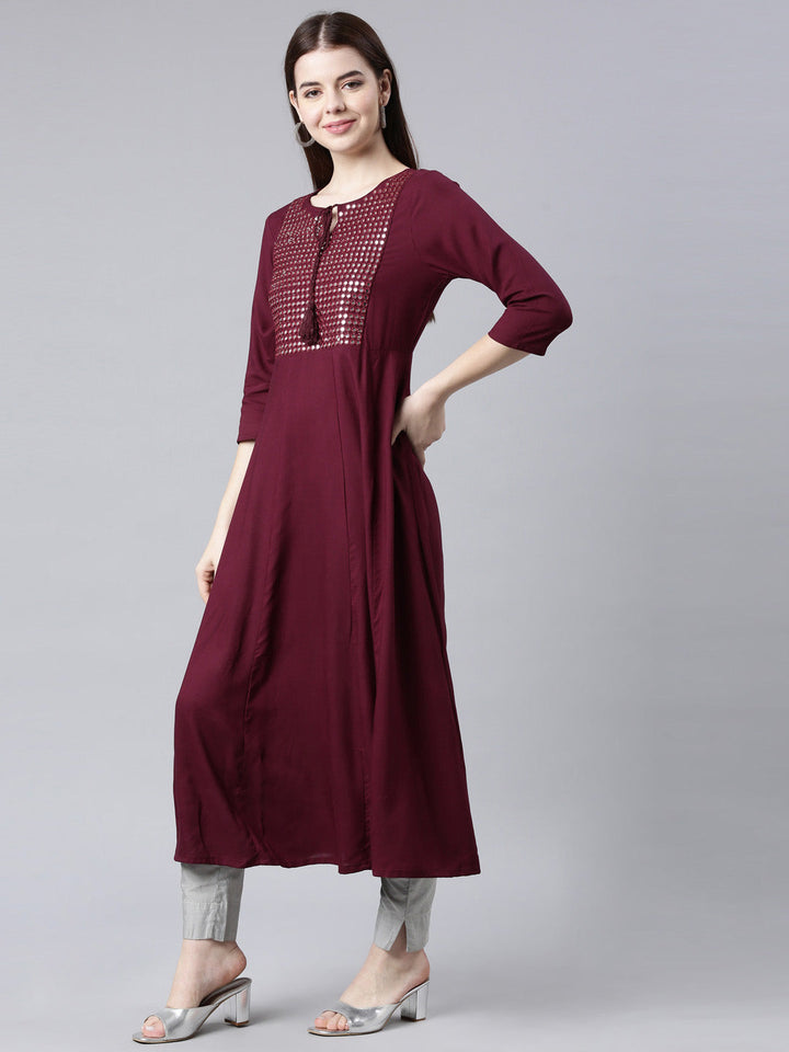 Neerus Purple cotton solid Anarkali kurta - back view