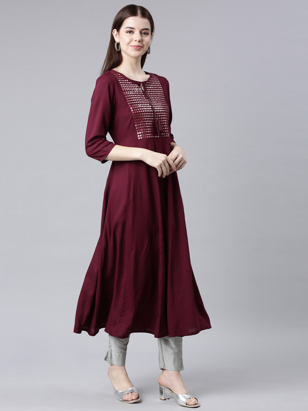 Neerus Purple cotton solid Anarkali kurta - side view