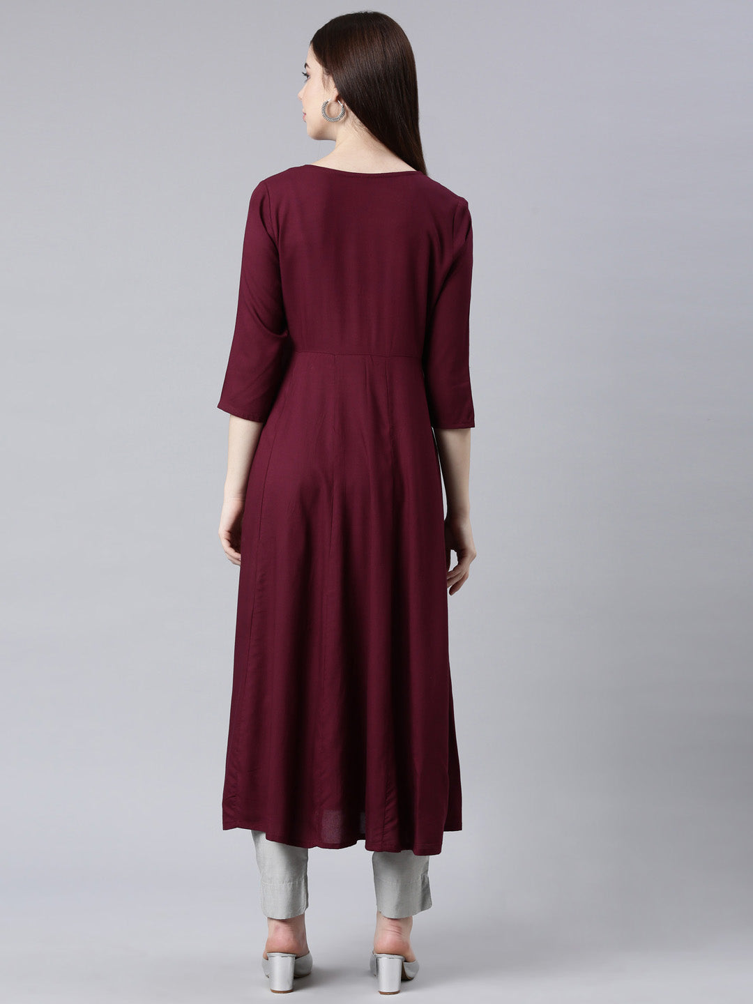 Neerus Purple cotton solid Anarkali kurta - detail view 1