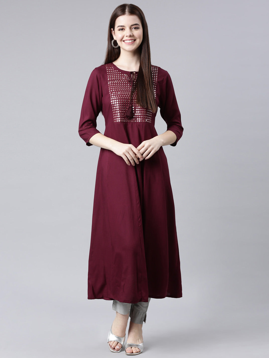Neerus Purple cotton solid Anarkali kurta - detail view 4