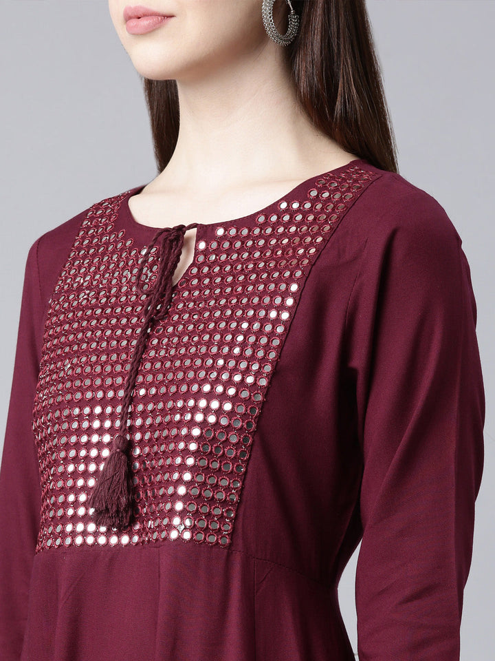 Neerus Purple cotton solid Anarkali kurta - detail view 2