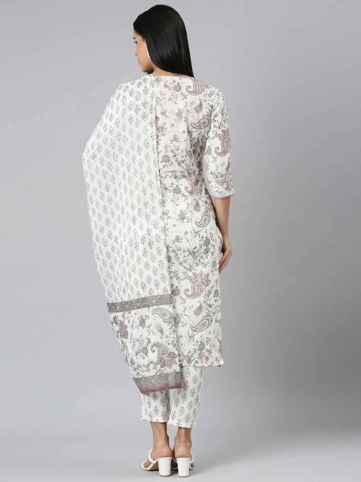 Neerus Lavender Regular Straight Printed Kurta and Trousers With Dupatta