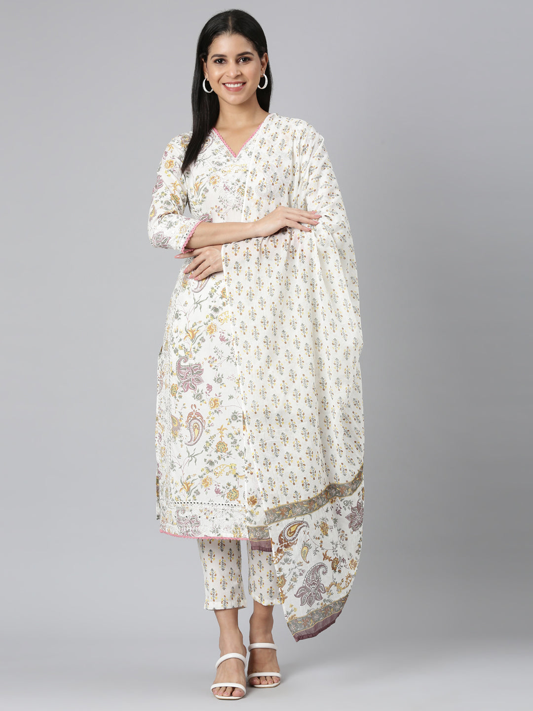 Neerus Yellow printed straight suit set - front view