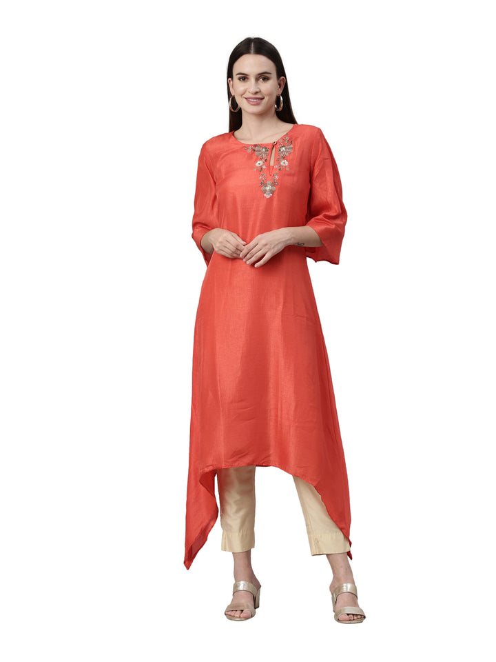 Neerus Red silk solid kurta - front view