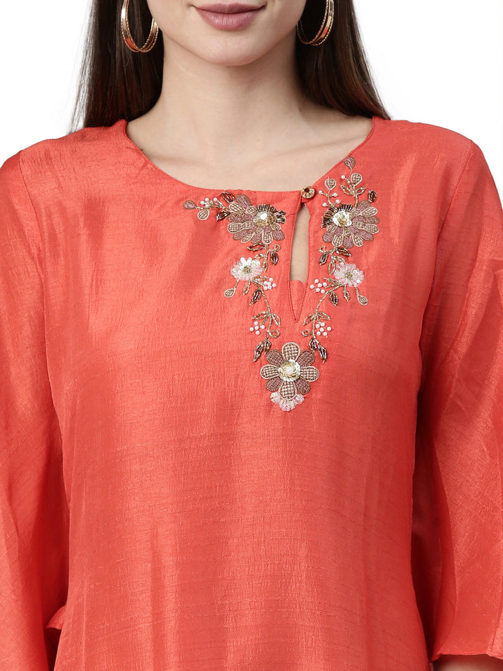 Neerus Red silk solid kurta - back view