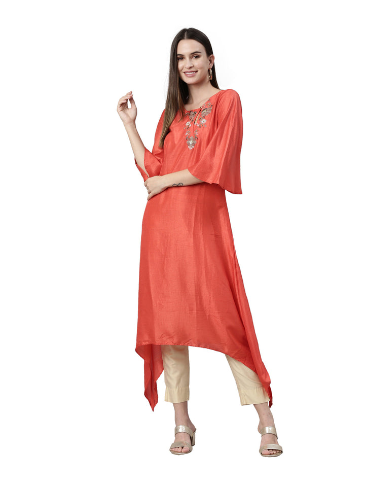 Neerus Red silk solid kurta - detail view 3