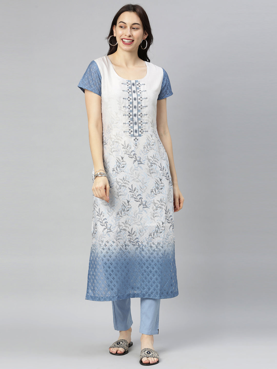 Neerus Blue printed straight kurta - front view