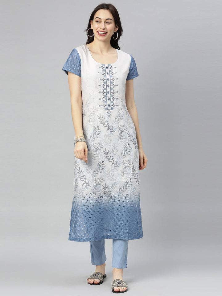 Neerus Blue printed straight kurta - front view