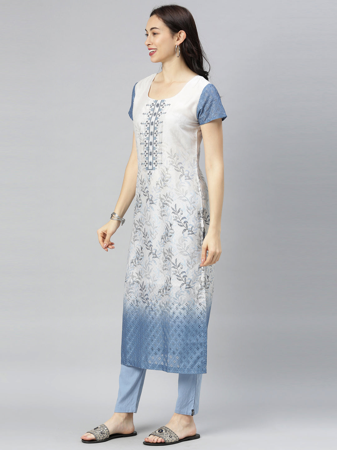 Neerus Blue printed straight kurta - detail view 1