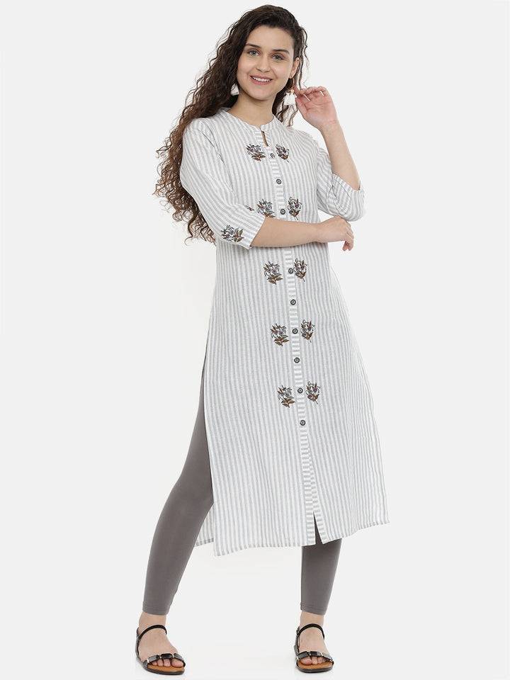 Neerus Grey striped embroidered A-Line kurta - front view