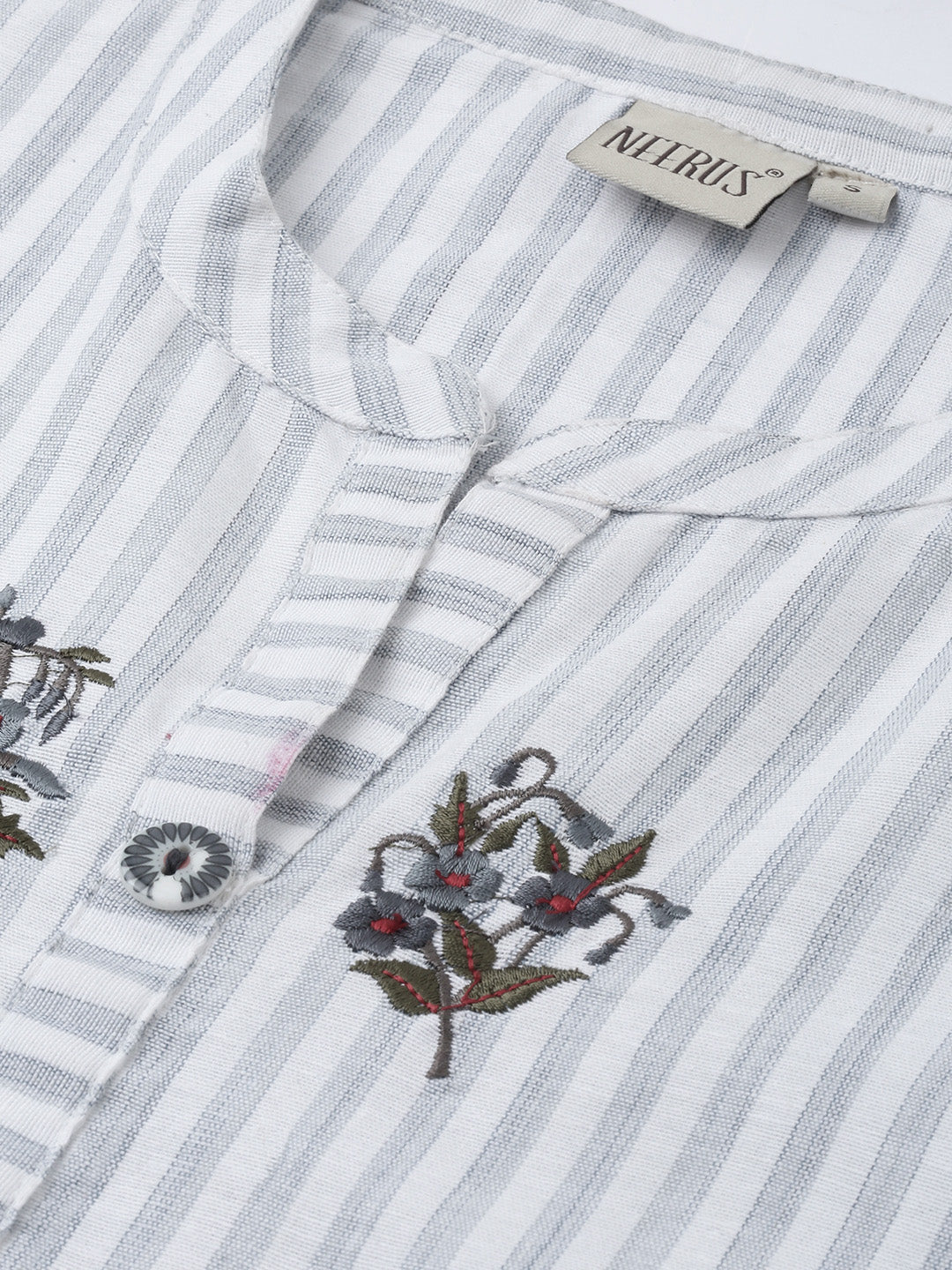Neerus Grey striped embroidered A-Line kurta - back view