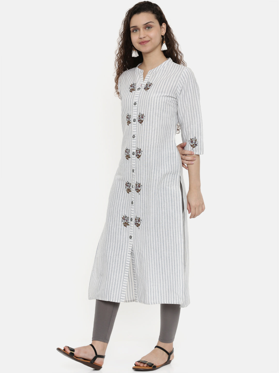Neerus Grey striped embroidered A-Line kurta - side view