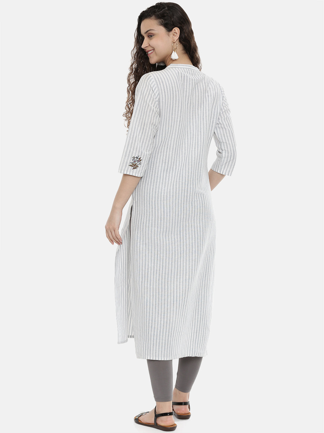 Neerus Grey striped embroidered A-Line kurta - detail view 1