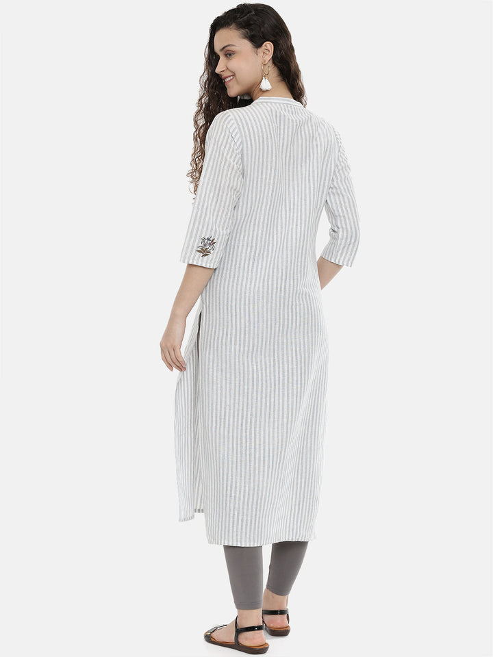 Neerus Grey striped embroidered A-Line kurta - detail view 1