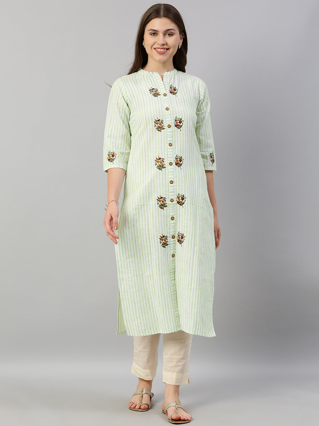 Neerus Green striped embroidered straight kurti - front view