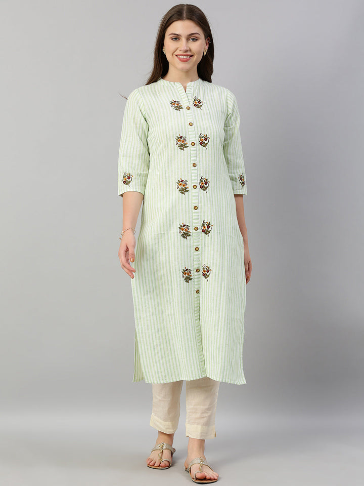 Neerus Green striped embroidered straight kurti - front view