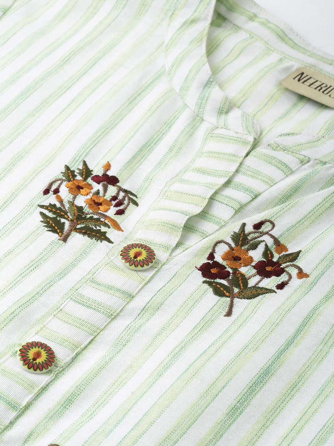 Neerus Green striped embroidered straight kurti - back view