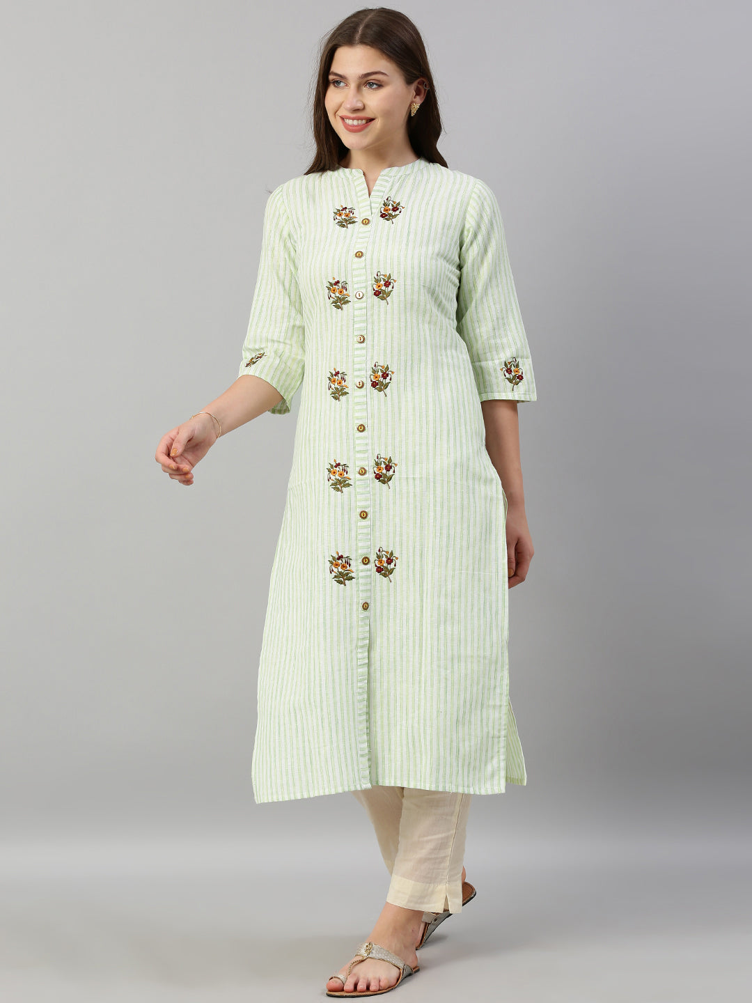 Neerus Green striped embroidered straight kurti - side view
