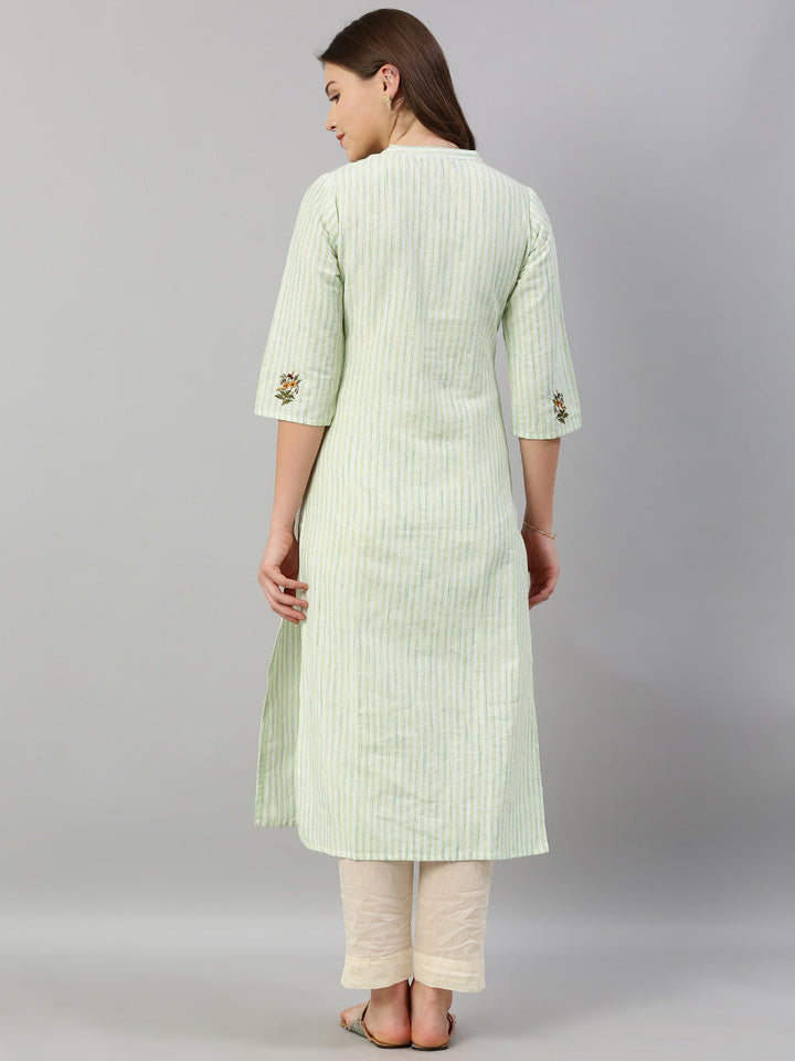 Neerus Green striped embroidered straight kurti - detail view 1