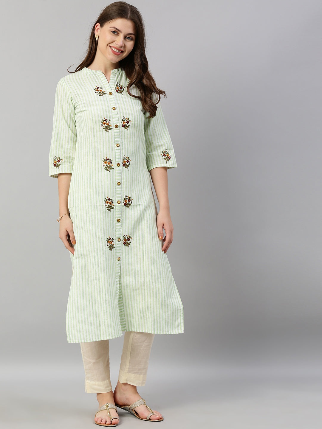 Neerus Green striped embroidered straight kurti - detail view 2