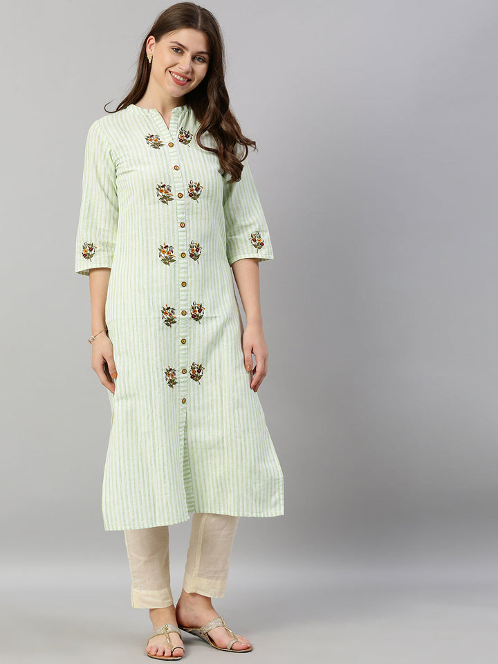 Neerus Green striped embroidered straight kurti - detail view 2