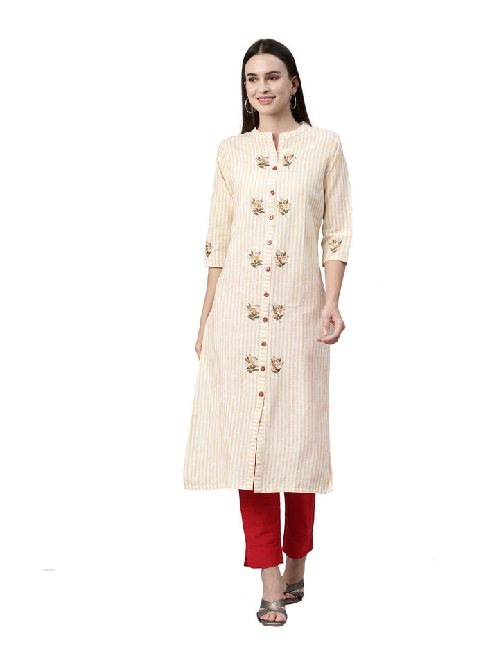 Neerus Orange rayon printed kurti - front view