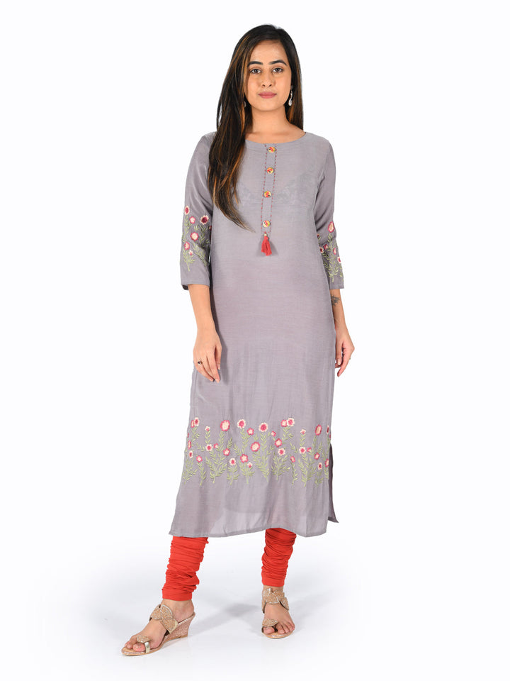 Neerus Grey muslin embroidered straight kurti - front view