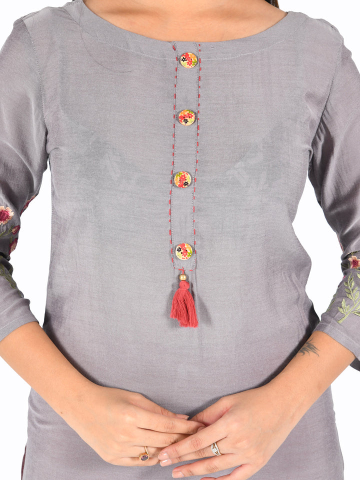 Neerus Grey muslin embroidered straight kurti - detail view 2