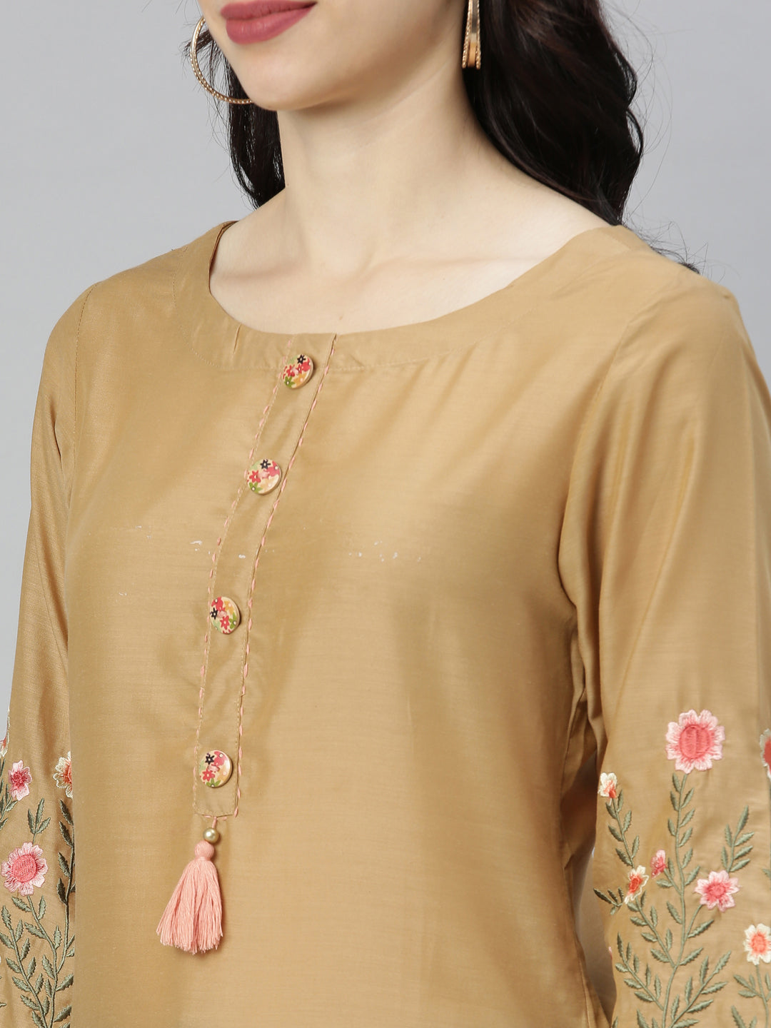 Neerus Yellow modal thread embroidered straight kurti - back view