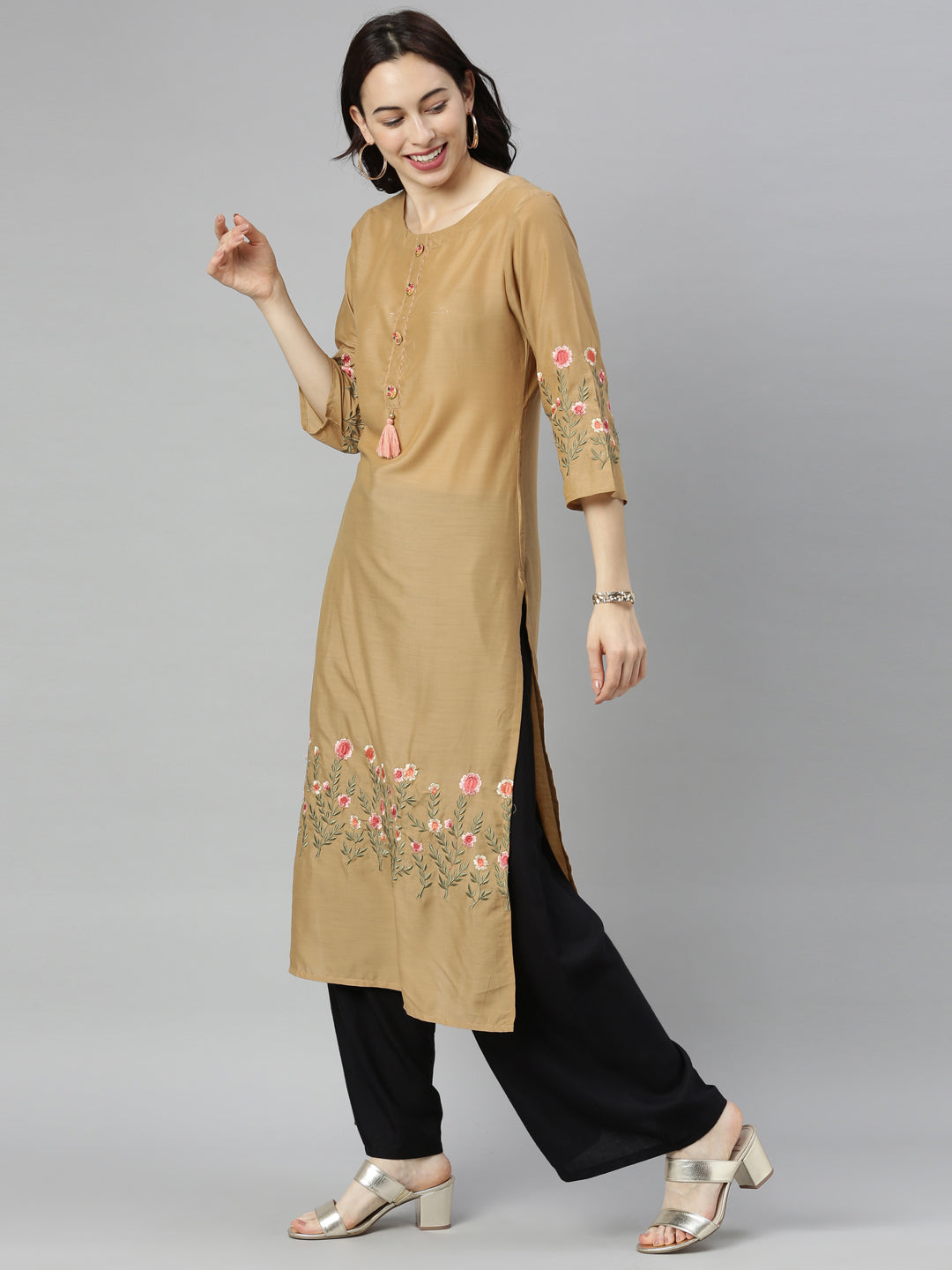 Neerus Yellow modal thread embroidered straight kurti - detail view 2