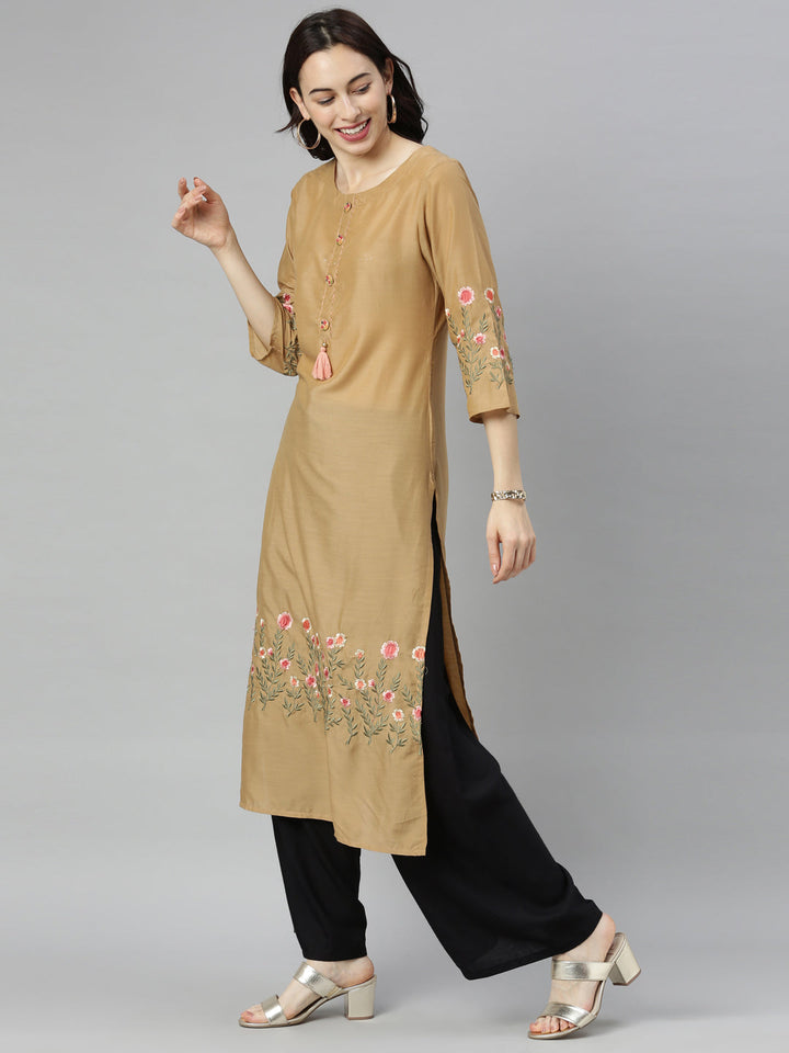 Neerus Yellow modal thread embroidered straight kurti - detail view 2