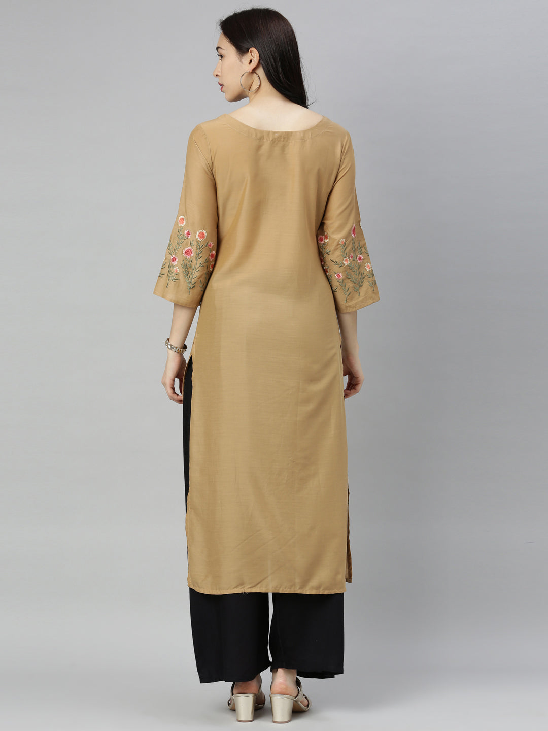Neerus Yellow modal thread embroidered straight kurti - detail view 4