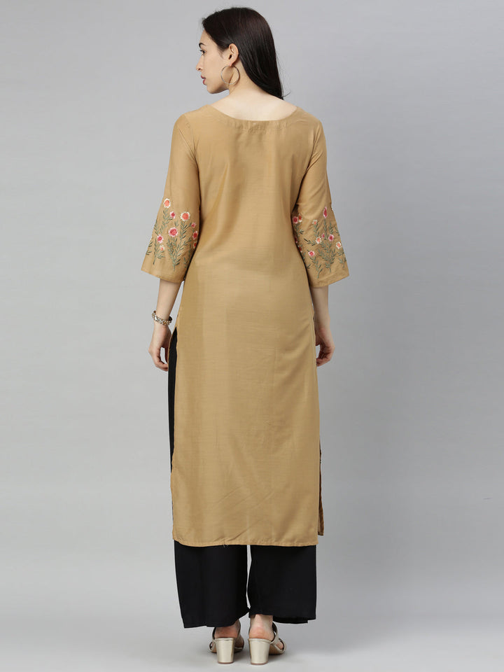 Neerus Yellow modal thread embroidered straight kurti - detail view 4