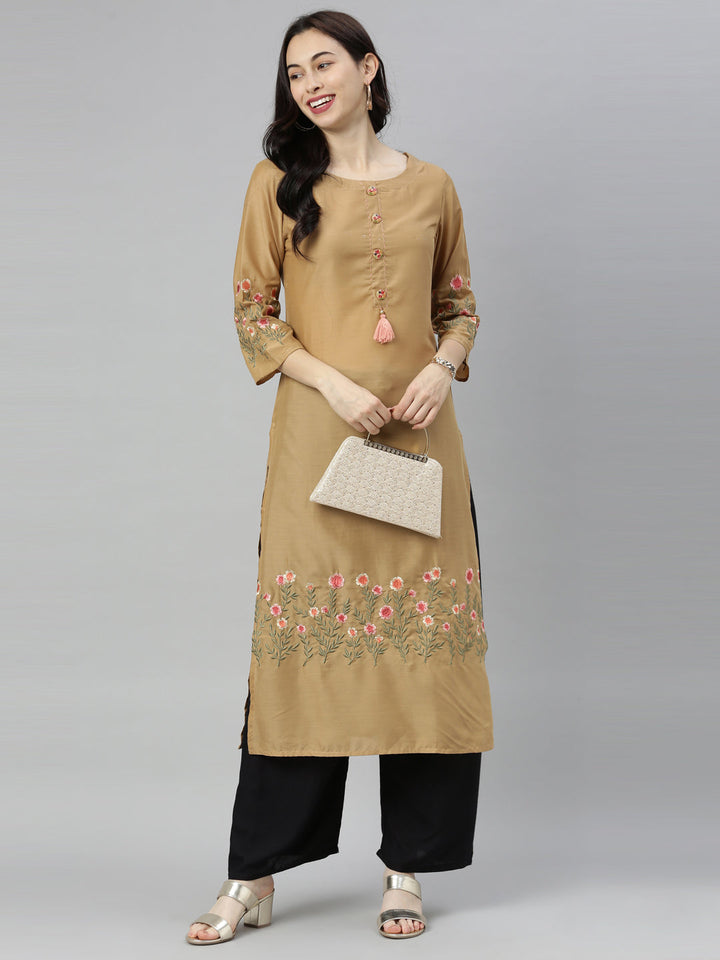 Neerus Yellow modal thread embroidered straight kurti - detail view 5