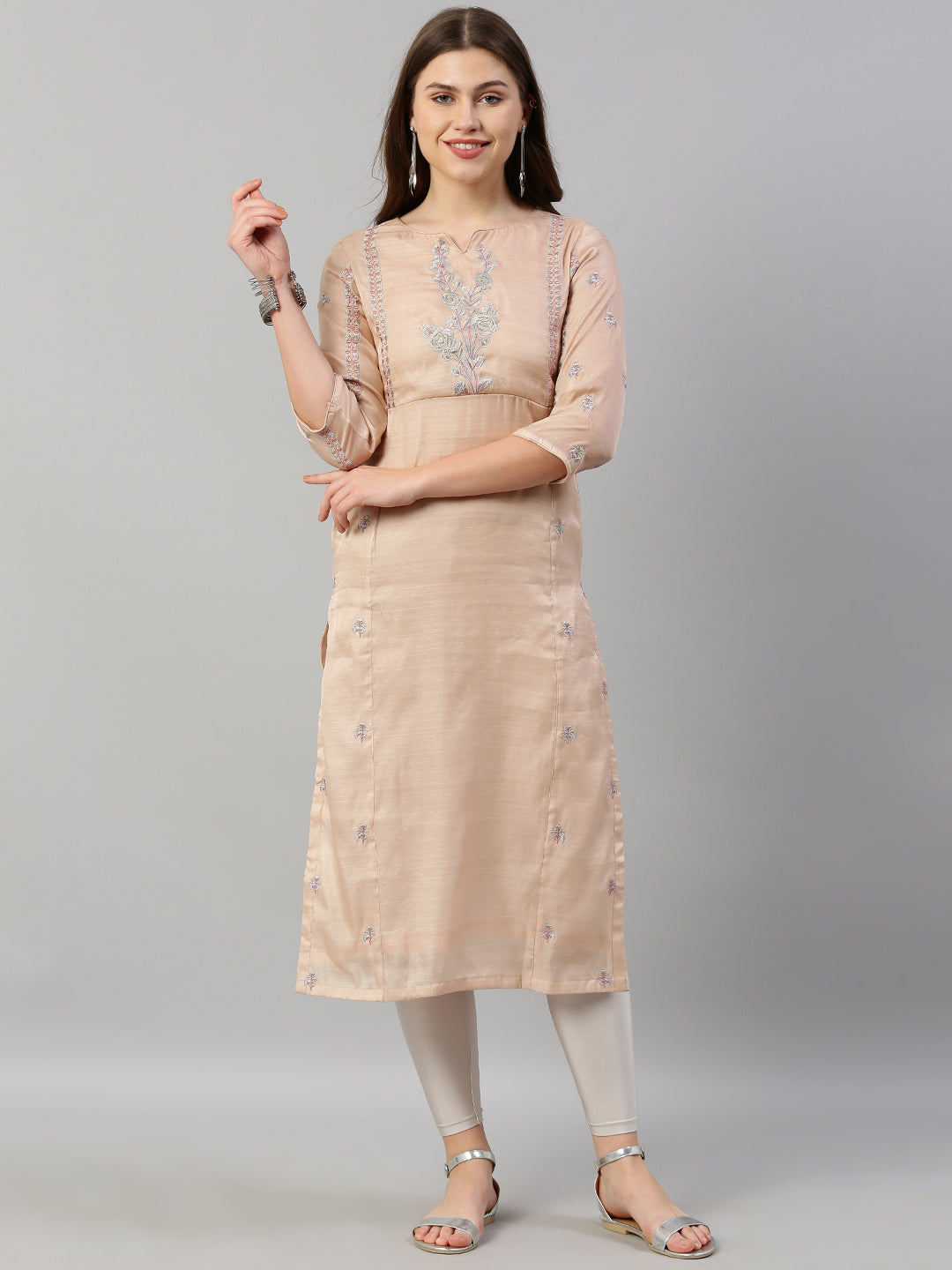 Neerus Pink silk embroidered straight kurti - front view