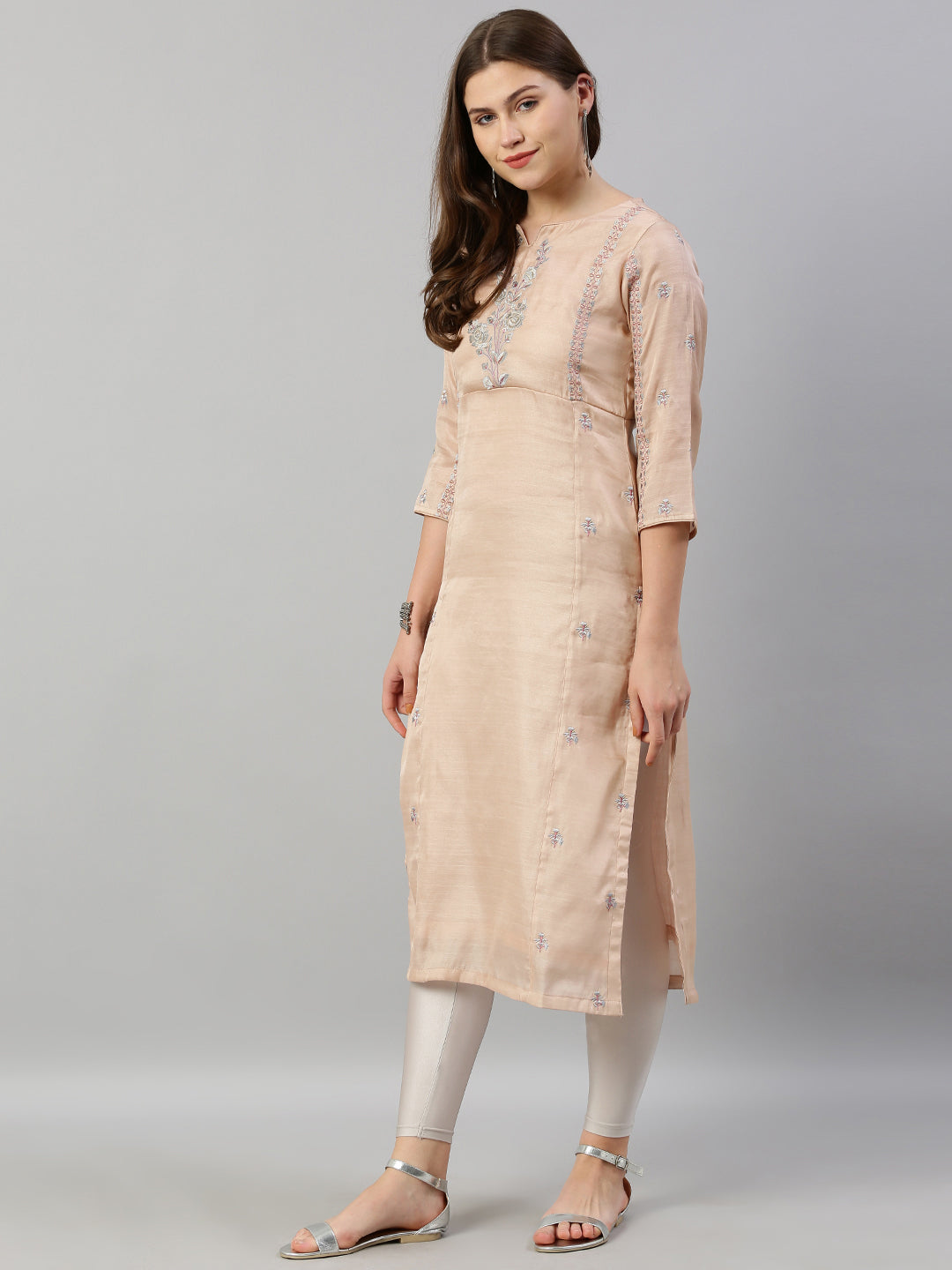 Neerus Pink silk embroidered straight kurti - detail view 2