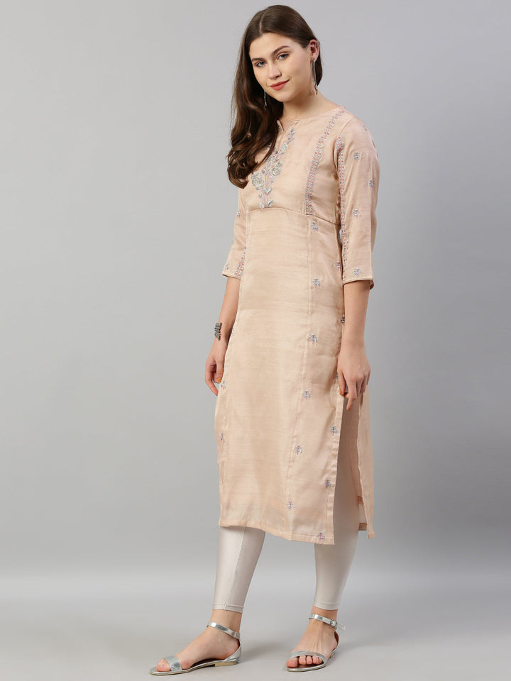 Neerus Pink silk embroidered straight kurti - detail view 2