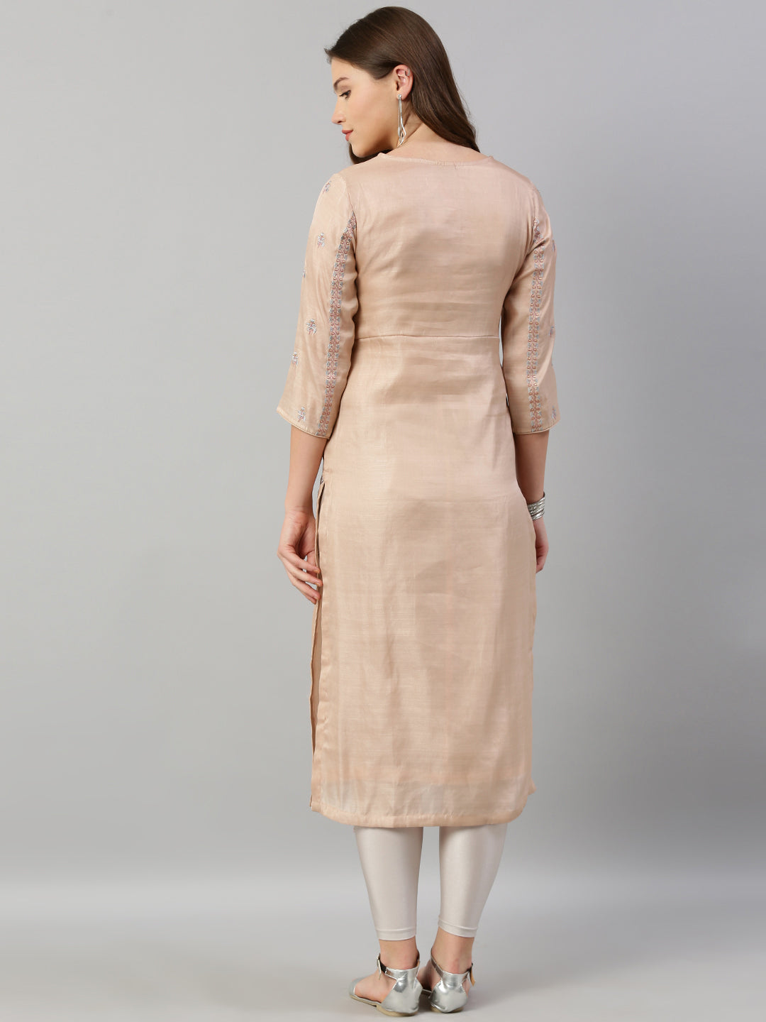 Neerus Pink silk embroidered straight kurti - detail view 3